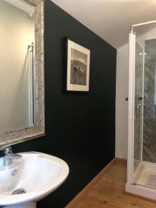 a bathroom with a sink and a shower at Fox Cottage in Moffat