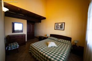 a bedroom with a bed with a checkered blanket at Locanda La Gozzetta in Santa Luce