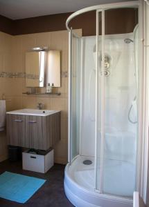 ein Bad mit einer Dusche und einem Waschbecken in der Unterkunft La Vigie sur le Port in Granville