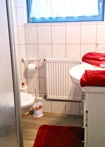 a bathroom with a sink and a toilet and a window at Ferienwohnung Gentzen in Baabe