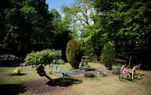 un jardin avec un banc et des arbres dans la pelouse dans l'établissement Birchbank, à Roybridge