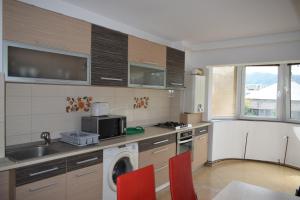 a kitchen with a sink and a washing machine at Apartament Cathedral View Republicii RHBM in Baia Mare