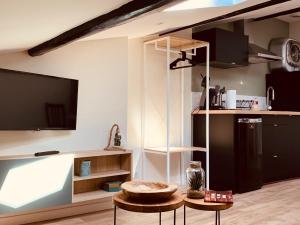a living room with a tv and a kitchen at Warm & Wood in Clermont-Ferrand
