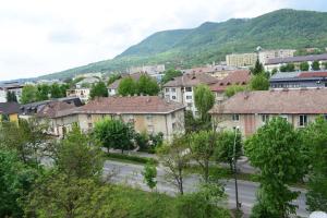 uitzicht op een stad met gebouwen en bomen bij Apartament Hospital View Independentei RHBM in Baia Mare