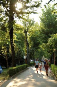 a group of people walking down a tree lined street at Camping Bella Italia in Peschiera del Garda