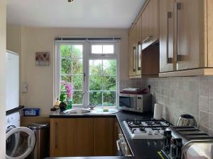 a kitchen with a stove and a window in it at Camellia Chalet in Germoe