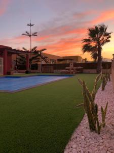 a house with a pool and a palm tree at VILLA NELLY in Costa de Antigua