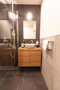 een badkamer met een wastafel en een spiegel bij Firefly Apartments in Hakuba