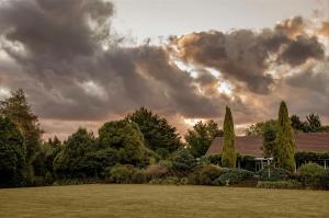 a house in a field with a cloudy sky at The 540 Lodge in Masterton