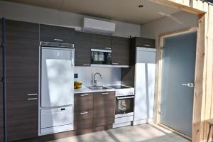una cocina con electrodomésticos de acero inoxidable y armarios de madera en TOP Star Lakeland Viitasaari, en Viitasaari
