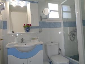 Porto Scoutari Romantic Hotel في سكالا: حمام مع حوض ومرحاض ومرآة