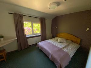 een slaapkamer met een bed en een raam bij Guest House Pilsētnieki in Slampe