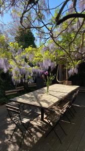 埃伯爾措夫特的住宿－Hyggelig lille lejlighed，一张野餐桌,上面有花瓶,放在树下