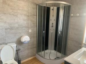 a shower in a bathroom with a toilet and a sink at Gîtes de l'Eglise WACO in Sainte-Mère-Église