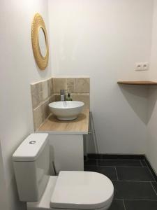 uma casa de banho com um WC branco e um lavatório. em Rez-de-villa proche de la mer - Villa Temana em Saint-Cyr-sur-Mer