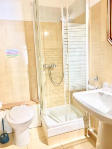 ein Bad mit einer Dusche, einem WC und einem Waschbecken in der Unterkunft Hotel Le Centre in Le Boulou