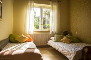 dwa łóżka w pokoju z oknem w obiekcie Leśne Zacisze w Iławie