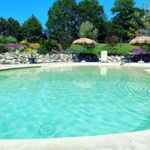 a large pool of blue water with umbrellas at Chambres d'hôtes Le Cartounier in Pinel-Hauterive