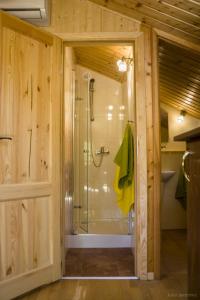 W łazience znajduje się prysznic ze szklanymi drzwiami. w obiekcie Leśne Zacisze w Iławie