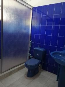 Baño azul con aseo y lavamanos en Villa Butterfly, en Moragalla