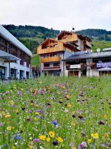 a field of flowers in front of a building at Residence & Wellness 3MILA in Peio Fonti