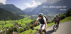 two people riding bikes down a mountain road at Hotel Krone in Attinghausen