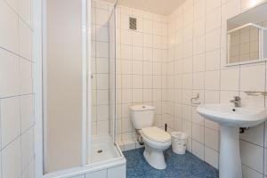 ein Bad mit einem WC, einem Waschbecken und einer Dusche in der Unterkunft Guest House RELAX PALANGA in Palanga