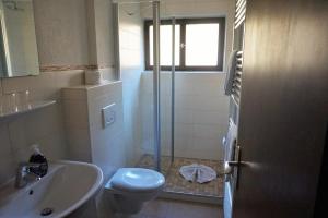 a bathroom with a shower and a toilet and a sink at Hotel Garni Liberia in Oberstdorf