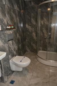 a bathroom with a toilet and a shower and a sink at Nar Palace in Istanbul