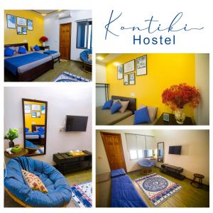 a collage of four pictures of a hotel room at Kon-Tiki DaNang Hostel in Danang