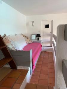 - une chambre avec un lit et une couverture rose dans l'établissement Campo d'elge, à Patrimonio