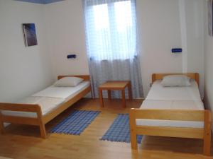 two beds in a small room with a window at Apartman Roman Mandre in Mandre