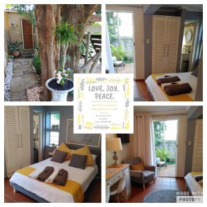 een collage van vier foto's van een hotelkamer bij Love Joy Peace Cottage in Pretoria