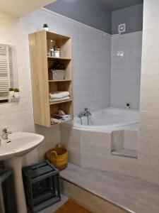 ein Badezimmer mit einer Badewanne und einem Waschbecken in der Unterkunft Gîte bord du Tarn in Gaillac