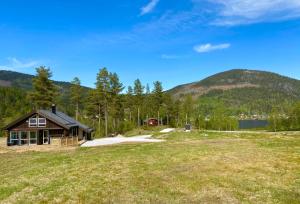 a house in a field next to a mountain at Tuddal Hyttegrend HYTTA KÅNS in Hjartdal