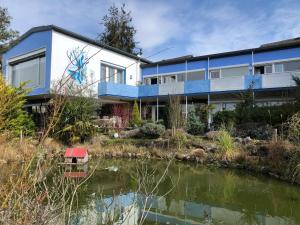 a house with a pond in front of it at Ferienwohnung Vogesenblick in Mahlberg