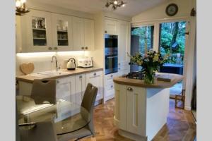 cocina con armarios blancos y encimera en Mistletoe One Luxury Lodge with Hot Tub Windermere, en Windermere