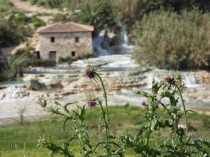 マンチャーノにあるterme di saturnia vacanzeの石造りの建物と噴水のある庭園