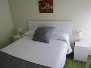białe łóżko z szarą poduszką na górze w obiekcie BONITO APARTAMENTO TRIANA-LOS REMEDIOS w Sewilli