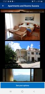 dos fotos de una habitación con una cama y una casa en Apartments and Rooms Suzana, en Kršan