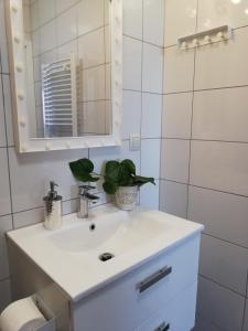 een witte badkamer met een wastafel en een spiegel bij Froja in Zator