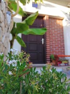 a black door of a house with green plants at Apartman ''Mathea'' in Podstrana