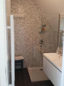La salle de bains est pourvue d'une douche et d'un lavabo. dans l'établissement B&B Villa Vanilla, à Ypres