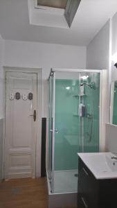ein Bad mit einer Dusche und einer Glastür in der Unterkunft Rua Nova Apartment 28 PS4 y Netflix a 200m Catedral in Santiago de Compostela