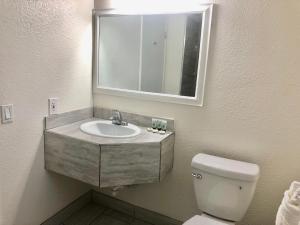 a bathroom with a sink and a toilet and a mirror at Pelican Inn in Monterey