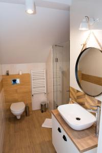 a bathroom with a sink and a mirror and a toilet at Apartamenty Ach To Tu in Mikołajki