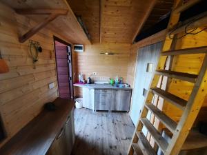 een uitzicht over de keuken in een blokhut bij Niewygodny Domek z własnym podwórkiem in Wisełka