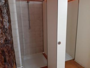 a bathroom with a shower with a shower curtain at Ubilla Aterpetxea in Aulestia +35 photos