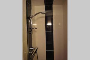 a shower with a glass door in a bathroom at Loue studio de vacances rénové à Névache in Névache