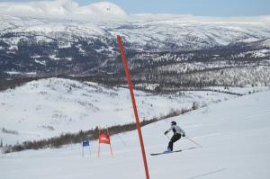 a person is skiing down a snow covered slope at Blåsjöns stugby in Stora Blåsjön